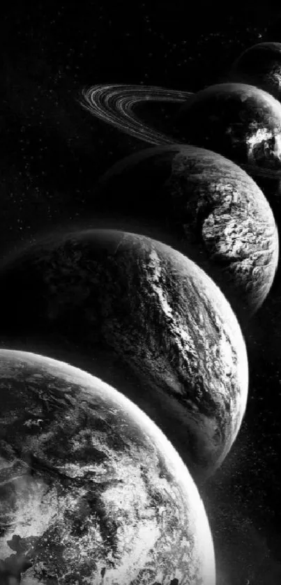 Black and white wallpaper of planets in space.