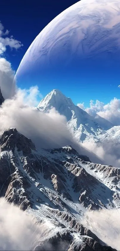 Surreal landscape with planet and snowy mountains.