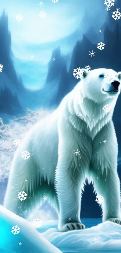 Majestic polar bear standing on ice in a serene, cool blue landscape.