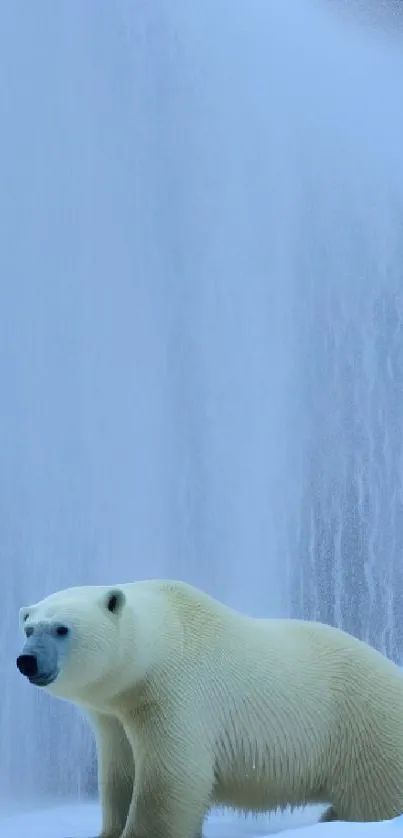 A polar bear stands in a snowy landscape with a misty waterfall in the background.