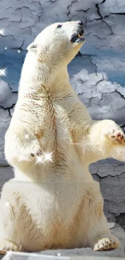 Majestic polar bear with cracked sky background