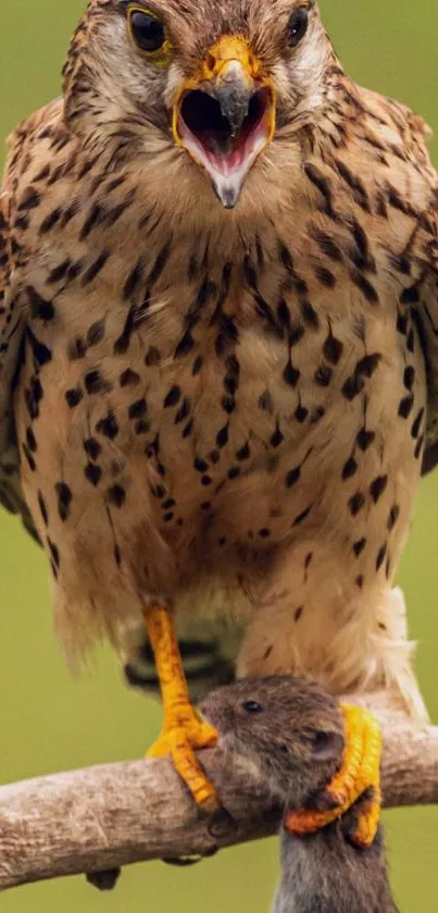 Hawk perched with prey on branch, intense gaze.