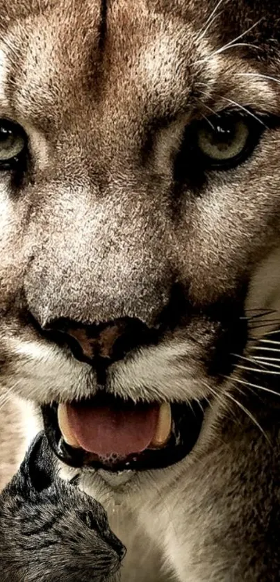 Close-up of a majestic puma with a fierce gaze in natural setting.