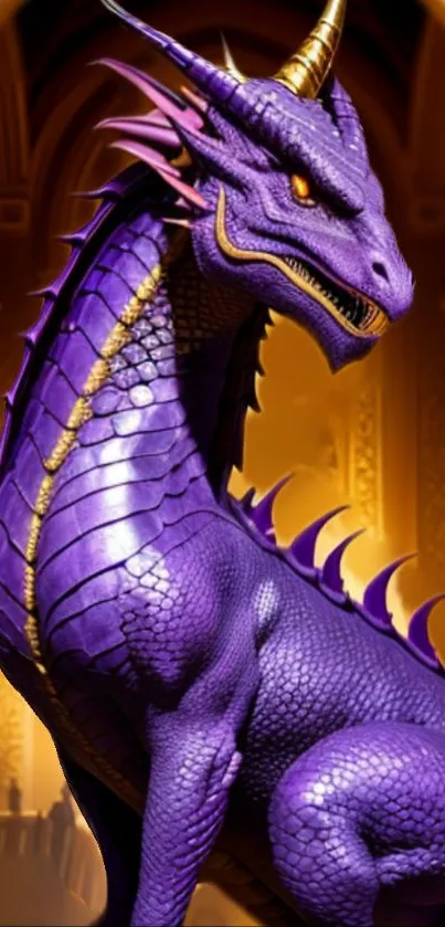Majestic purple dragon in golden medieval setting wallpaper.