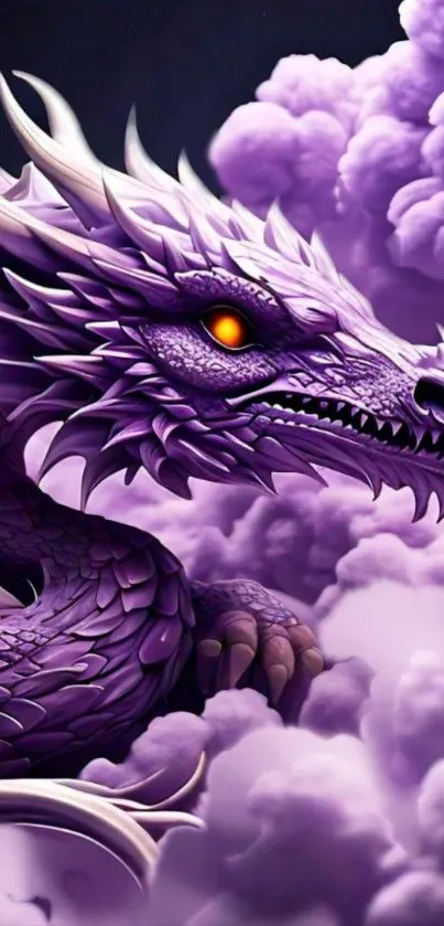 Majestic purple dragon surrounded by clouds.