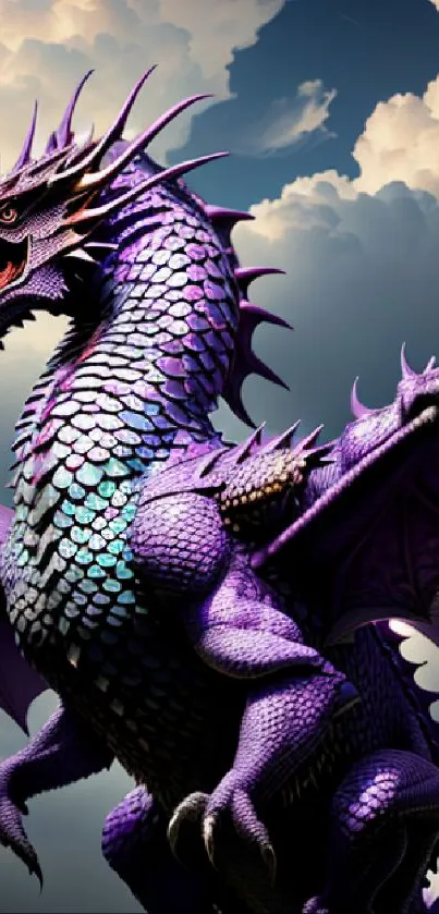 Majestic purple dragon soaring in a cloudy sky on a mobile wallpaper.