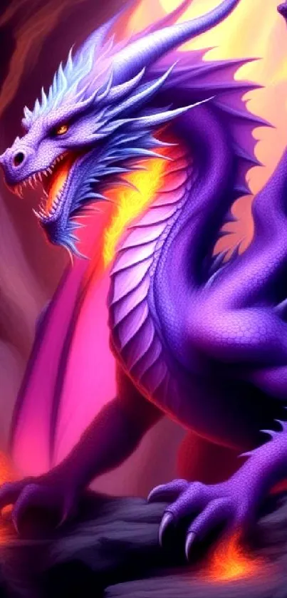 Illustration of a vibrant purple dragon with fiery accents.