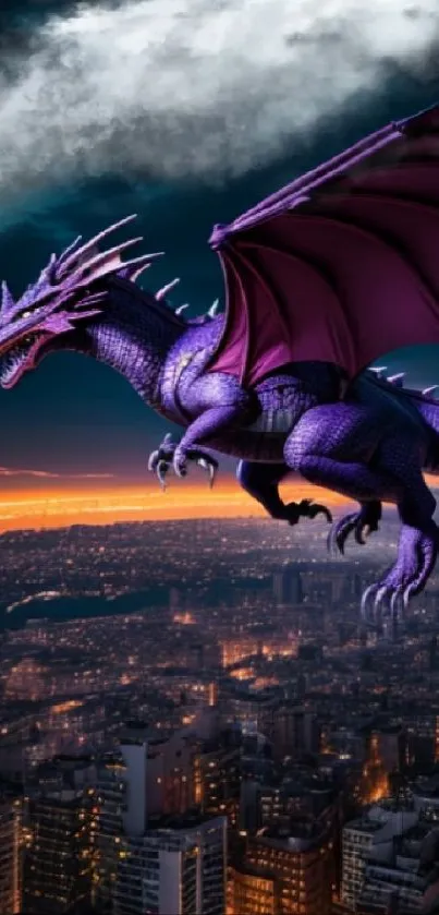 Purple dragon flying over nighttime urban cityscape.