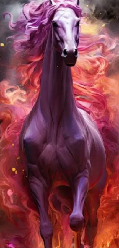 Majestic purple horse surrounded by vibrant fiery smoke.