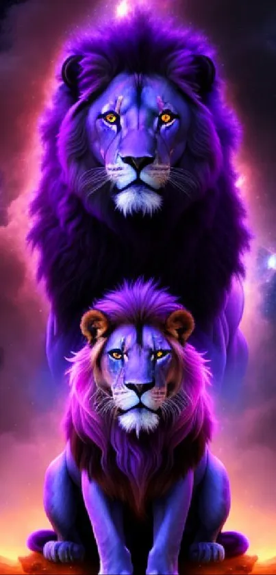 Purple cosmic wallpaper featuring majestic lions in vibrant colors.