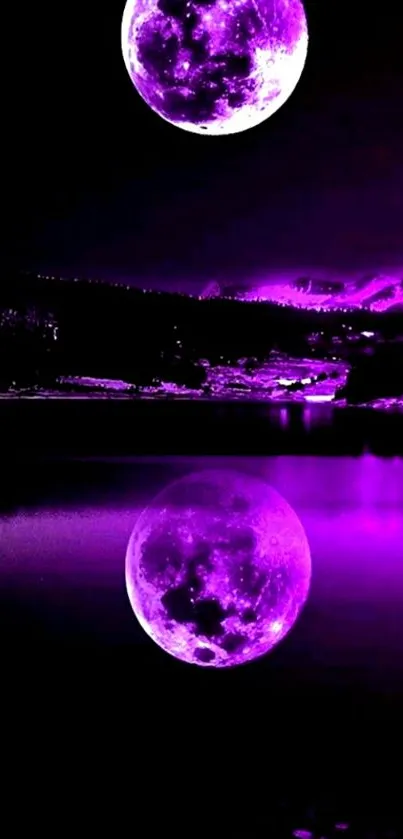 Purple moon reflecting on a serene lake under a mystical sky.