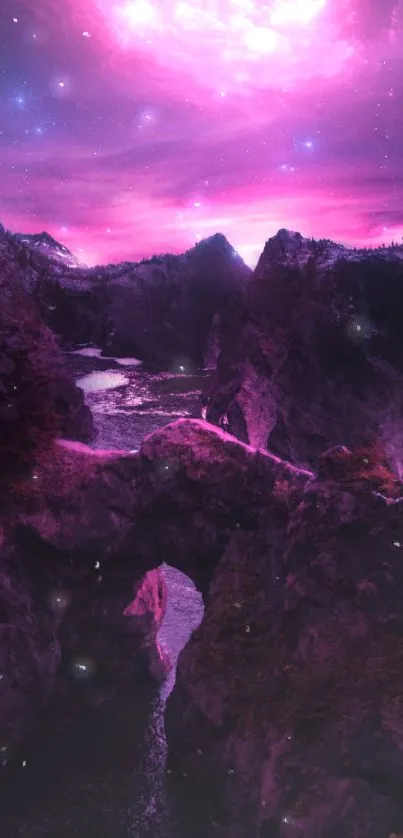 Dreamy purple mountain landscape with a starry night sky.