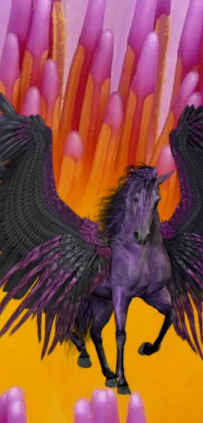 Purple Pegasus with black wings on vibrant orange and pink background.