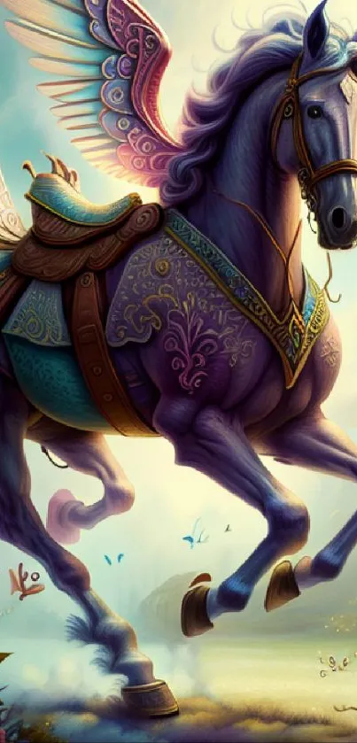 Majestic purple Pegasus with wings in a whimsical landscape mobile wallpaper.