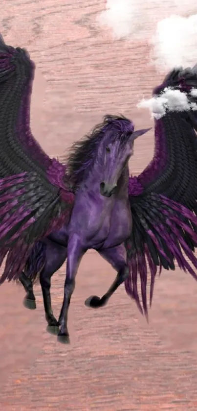 Majestic purple pegasus with wide black wings flying.