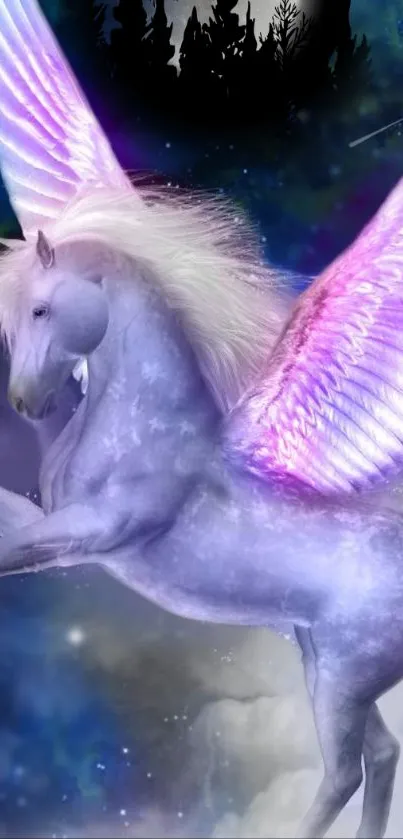 Majestic purple pegasus flying in a starlit sky with ethereal wings.