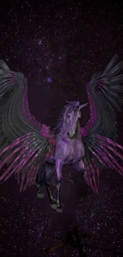 Purple pegasus soaring in a galaxy-inspired backdrop.