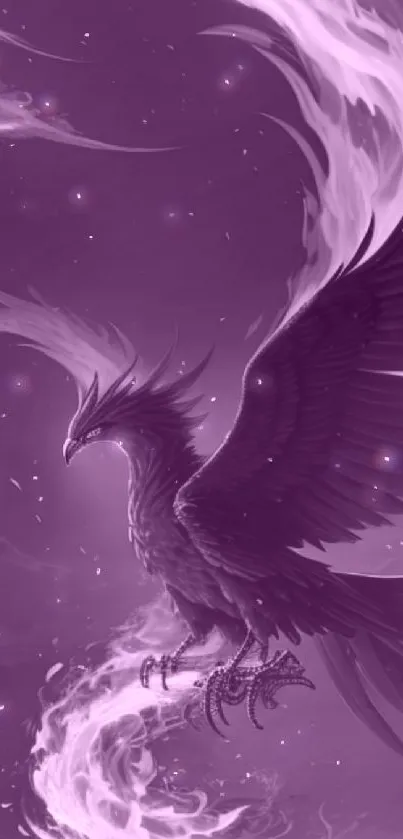 Majestic purple phoenix flying with flaming wings in the night sky.