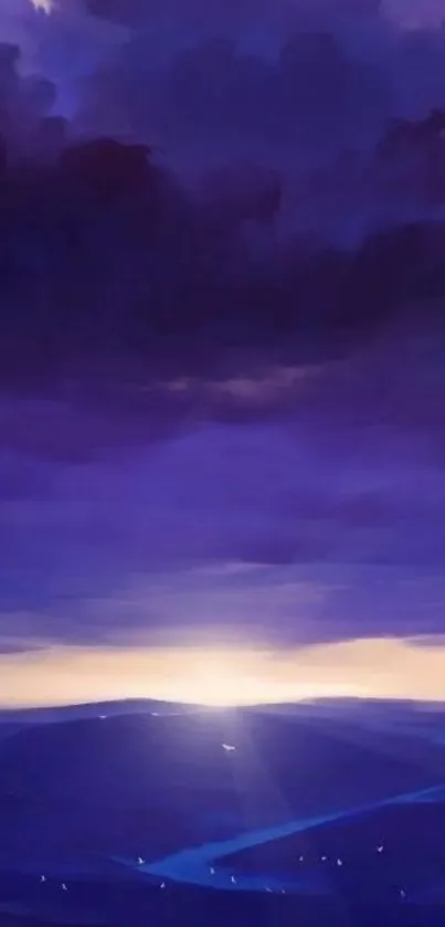 Serene twilight landscape with purple sky and horizon.