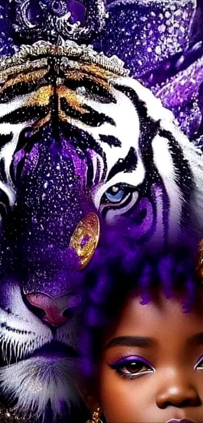 Majestic purple tiger with child in vibrant digital art wallpaper.