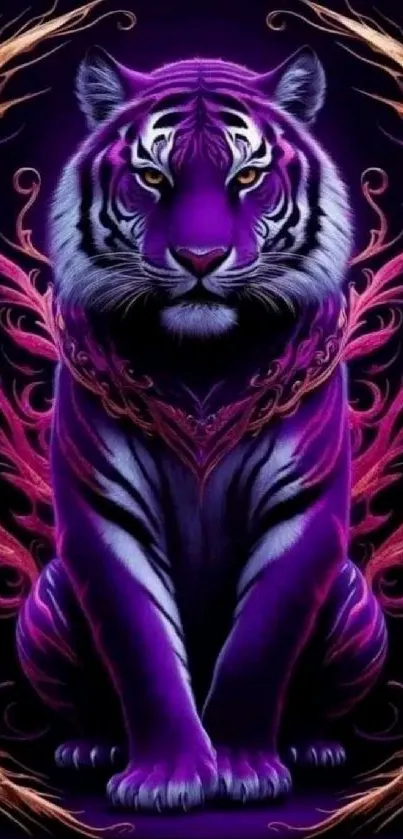 Purple tiger art with vibrant flames. Digital wallpaper.