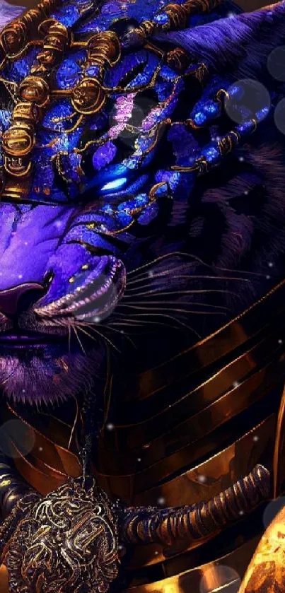 Majestic purple tiger with gold jewelry in fantasy art style.