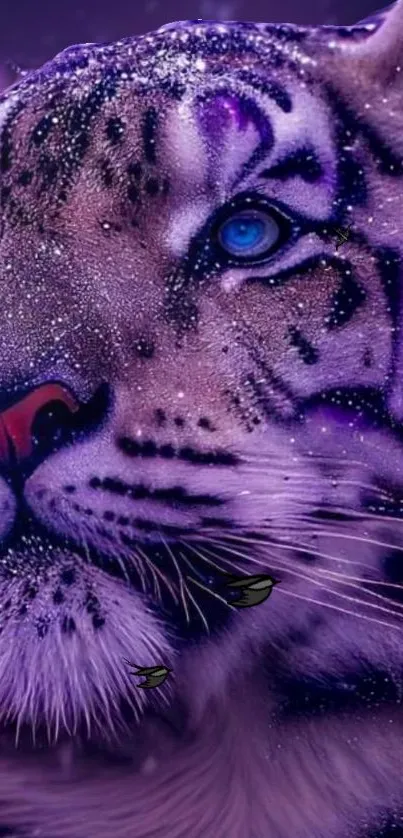 Purple tiger with blue eyes in a mystical and vibrant setting.