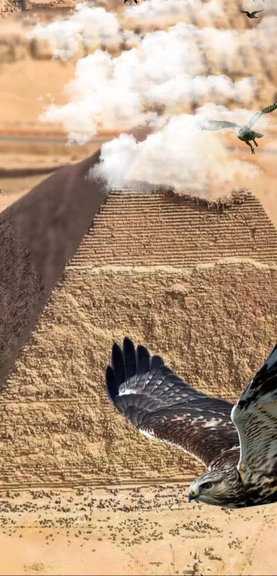 Eagle soaring over ancient pyramid landscape with desert sky.