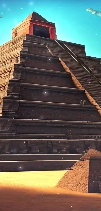 Ancient pyramid beneath a brilliant blue sky.