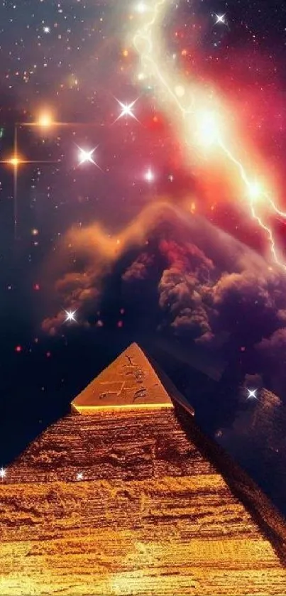 Lightning strikes above a majestic pyramid at night.