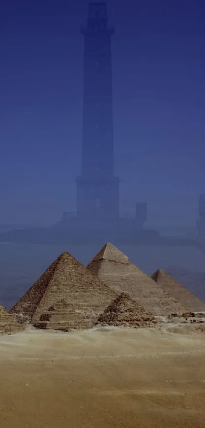 Enchanting pyramids with a towering structure in the background.