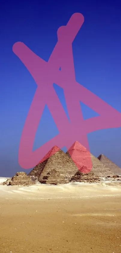 Pyramids of Giza with a star design in the blue sky.