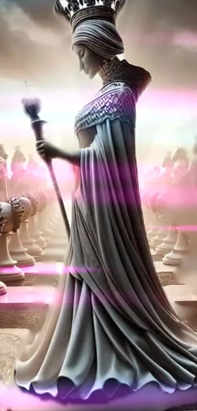 Majestic chess queen surrounded by pink glow.