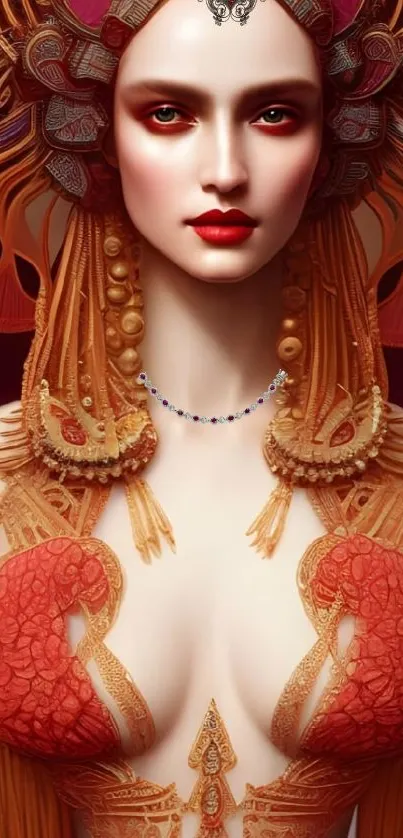 Fantasy queen with golden red headdress in intricate artistic design.