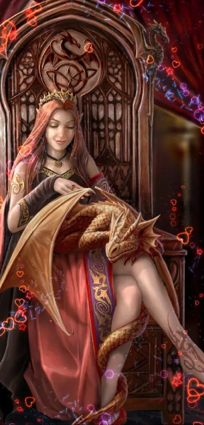 Fantasy queen with dragon on ornate throne.