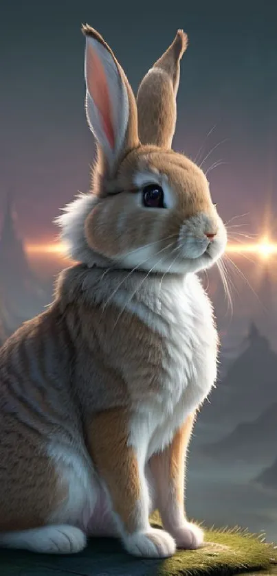 Majestic rabbit in a magical fantasy landscape.