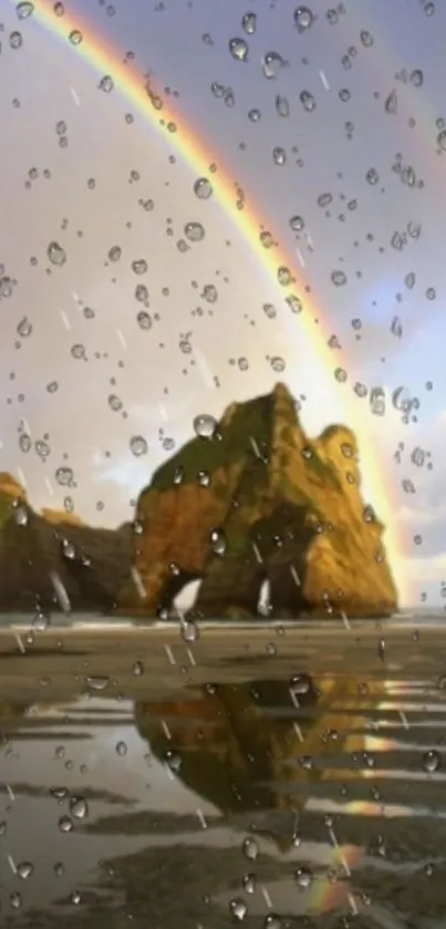 Golden cliffs with rainbow and raindrops on beach.