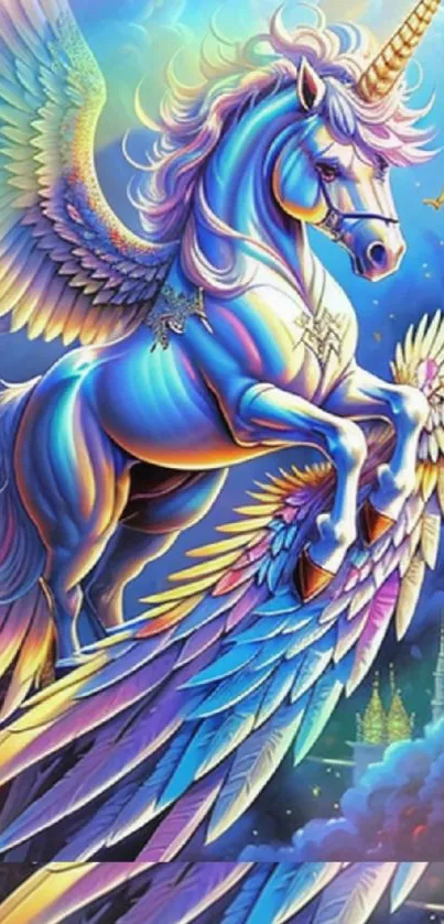 Colorful rainbow unicorn with wings, set against a dreamy fantasy background.