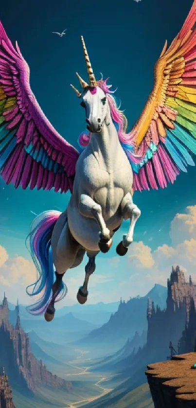 Unicorn with rainbow wings flying over scenic fantasy landscape.