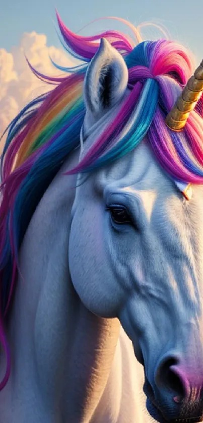 Majestic unicorn with rainbow mane and clouds in the background.