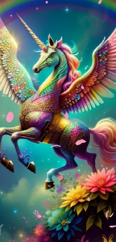 Colorful unicorn with rainbow wings and flowers in a fantasy scene.