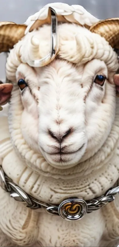 Majestic ram with ornate horns and jewelry.