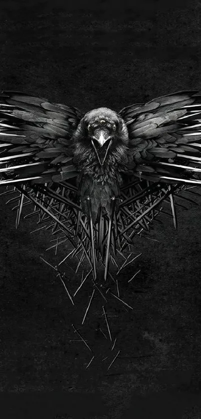 Intricate raven design on black background wallpaper.