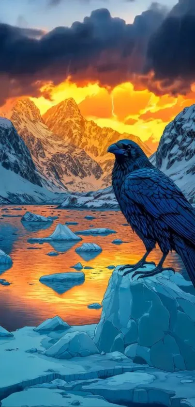 Raven on icy landscape at sunset.