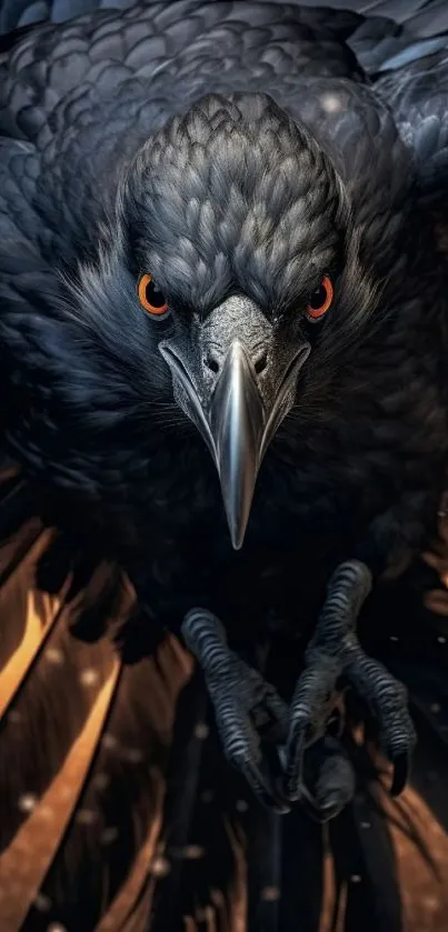 Majestic raven in flight with striking eyes and detailed feathers, ideal for mobile.