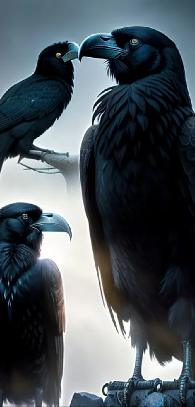 Three majestic ravens perched against a misty twilight background.