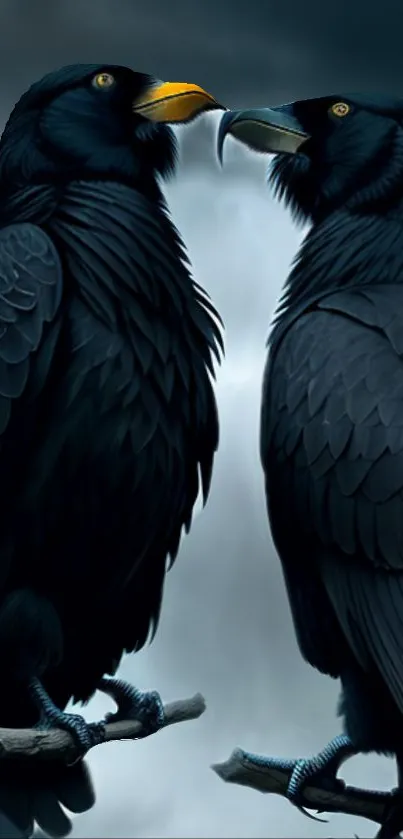 Two majestic ravens face each other under a stormy sky, full of depth and drama.