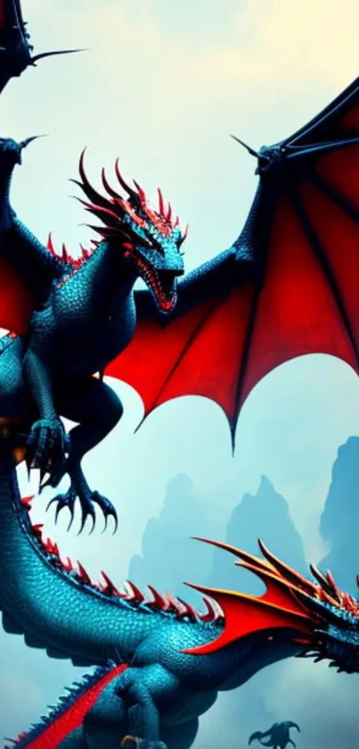 Two majestic dragons flying over misty mountains with vibrant red and blue hues.