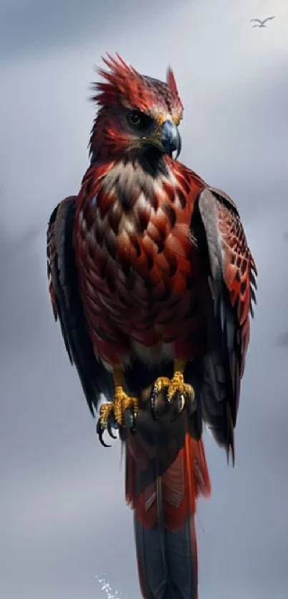 Majestic red bird perched in a serene cloudy background.