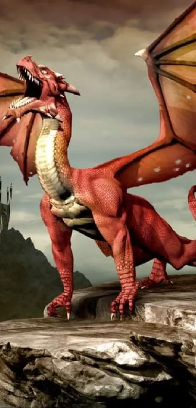 Majestic red dragon on cliff beside ancient castle.